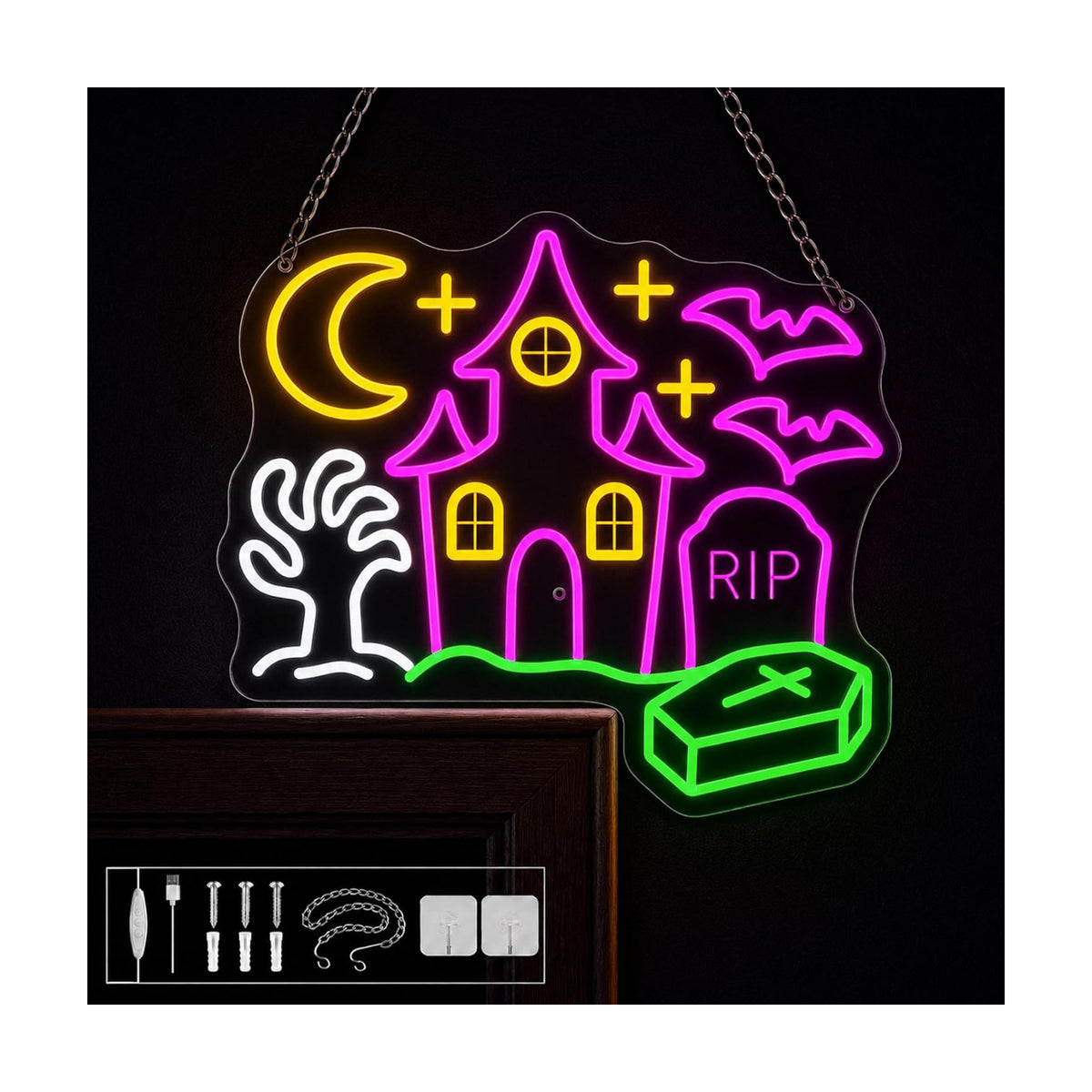 Halloween Neon Sign,Haunted House Decor,L Shaped,12.9x12.9inch,USB Powered