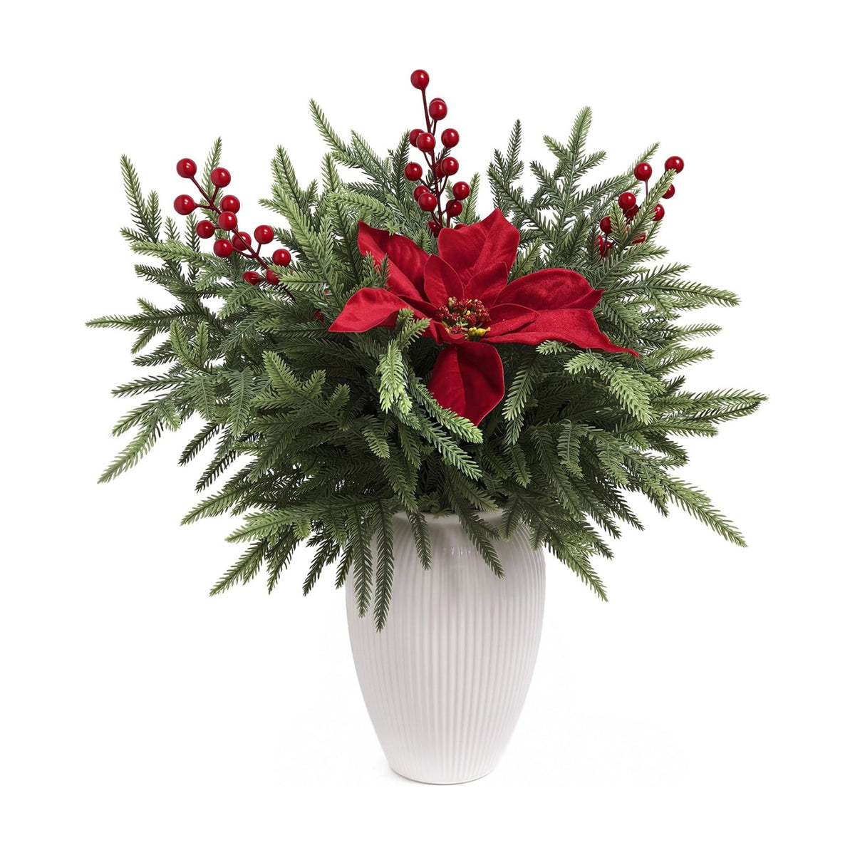 12Pcs Christmas Artificial Norfolk Pine Stems,Red Berry & Poinsettia