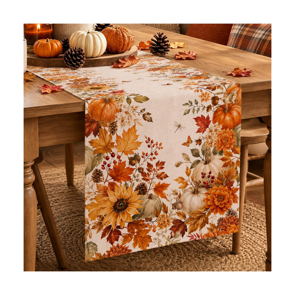 Fall Table Runner 13×72 in with Fall Decor Pumpkin, Sunflower&Leaf