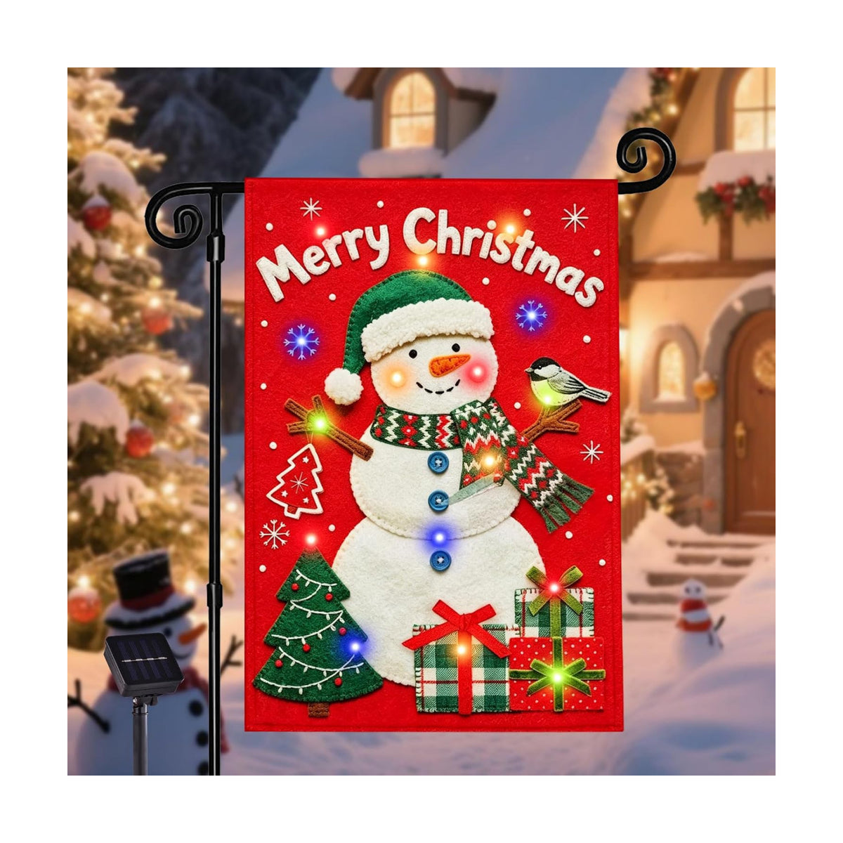 Lighted Christmas Red Snowman Garden Flag Decor, 12x18 In