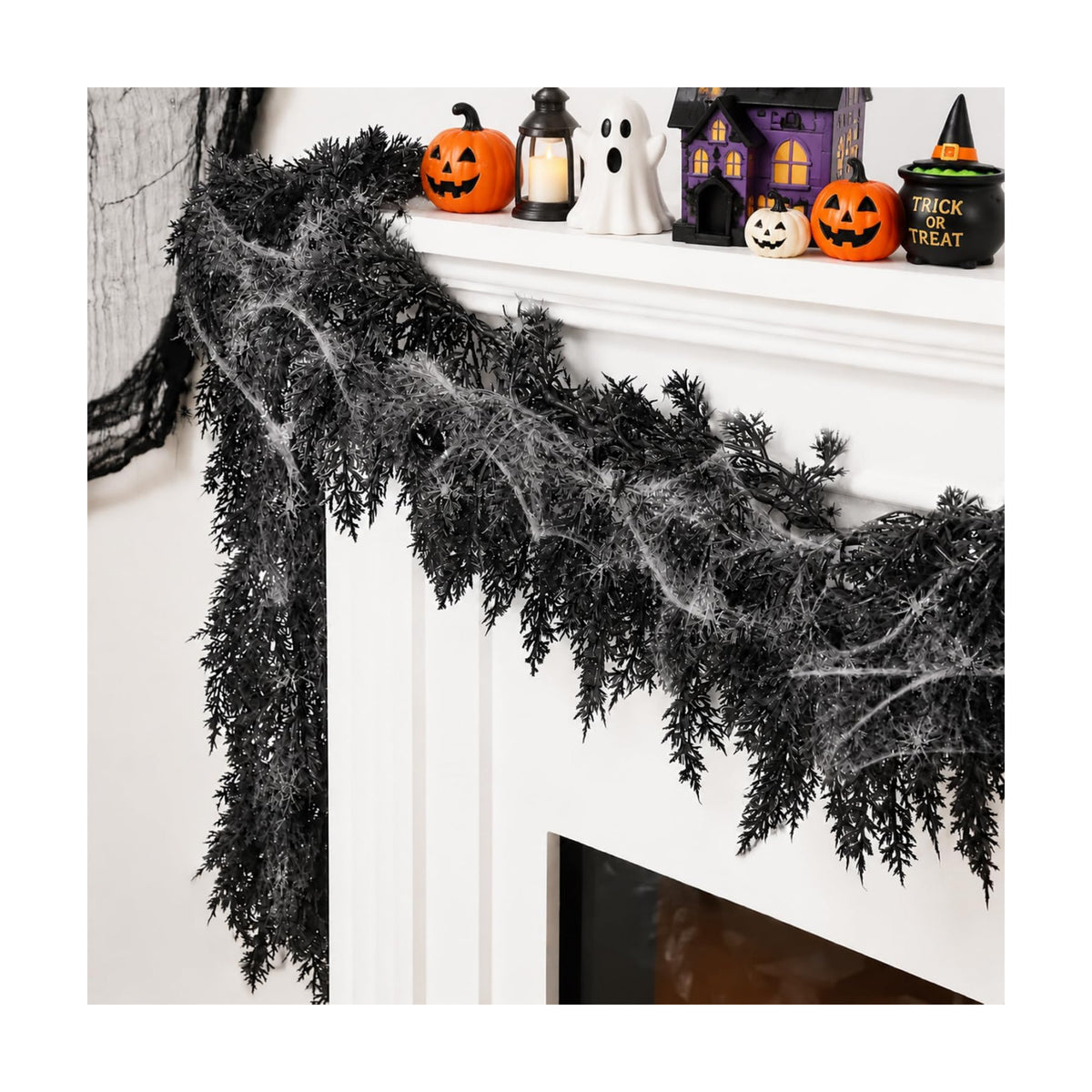 6FT Black Halloween Garland, Spooky Cedar Hanging Vine with Spiders and Web