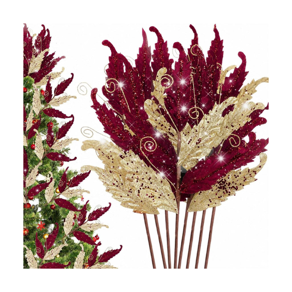 HyDren 10 Pcs Christmas Glitter Leaves Ornaments, Burgundy and Gold
