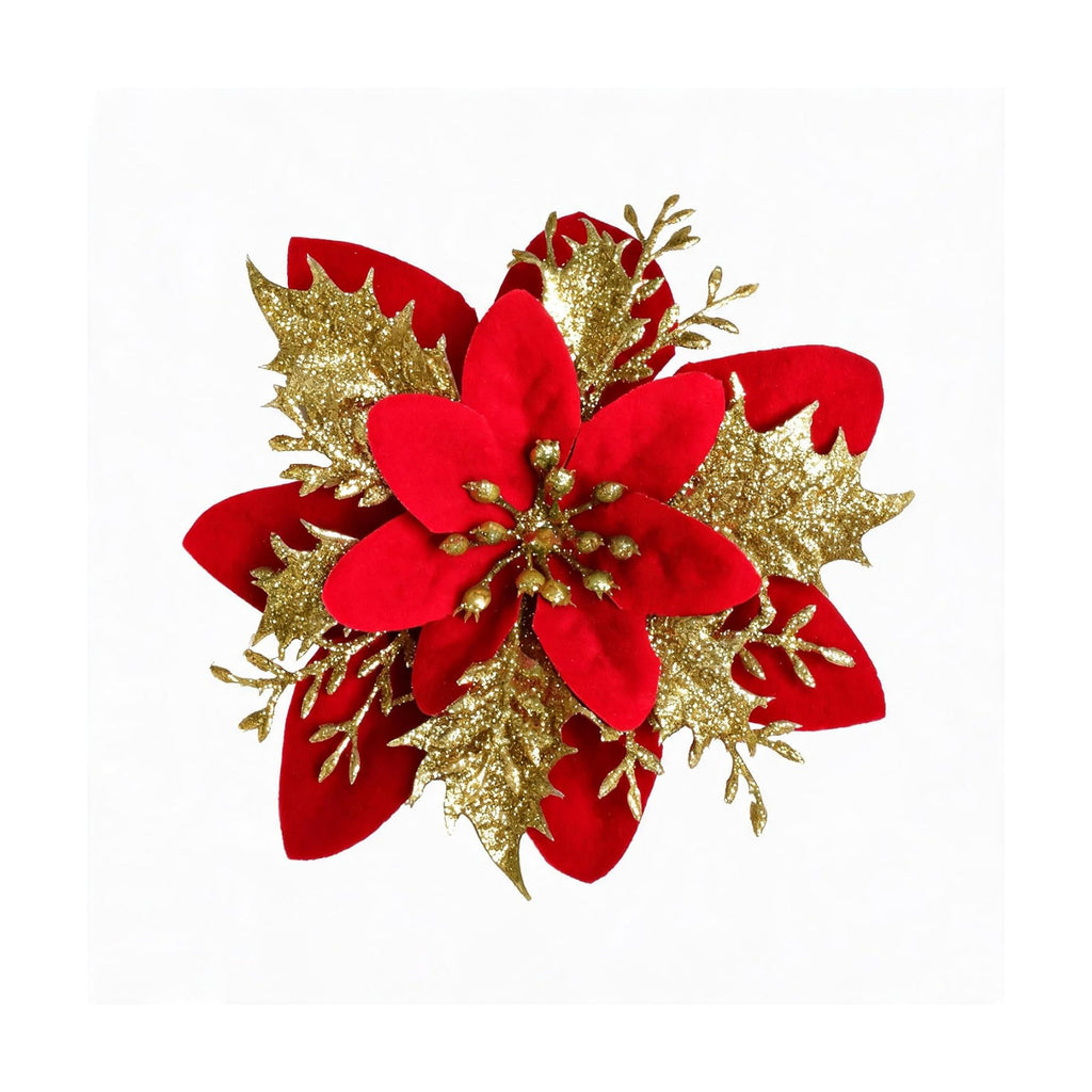 30PCS Artificial Christmas Poinsettia Flowers with Clips and Stems, 5.5 Inch Glitter red & Gold Xmas Tree Decorations, Holiday Poinsettia Picks Ornaments for Christmas Tree, Wreaths, Garlands & Home