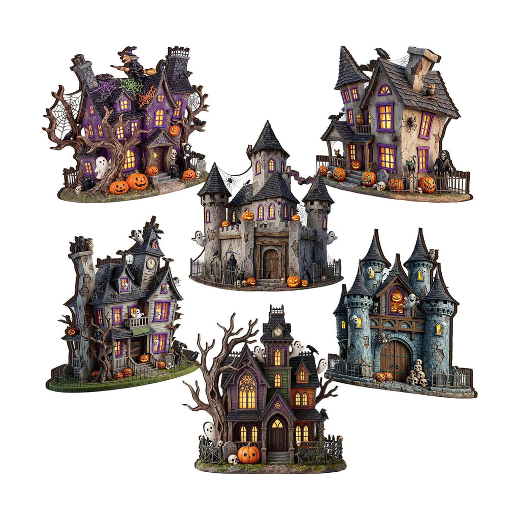 Yuntau 6 Pcs Halloween Wooden Table Decorations Haunted House Table Centerpiece Decor Spooky Ghost Pumpkin Castle Tabletop Signs with Stands, Rustic Tiered Tray Mantel Decor for Halloween Party