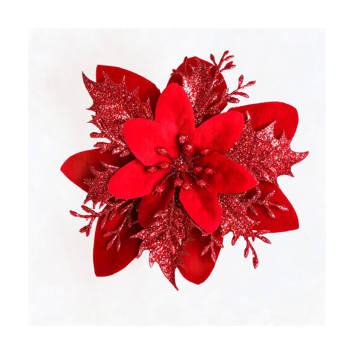 15PCS Artificial Christmas Poinsettia Flowers with Clips and Stems, 5.5 Inch Glitter Red Xmas Tree Decorations, Holiday Poinsettia Picks Ornaments for Christmas Tree, Wreaths, Garlands & Home
