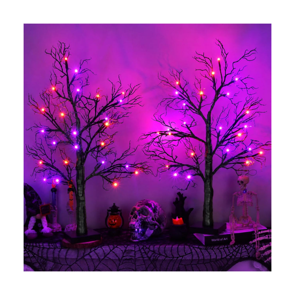 [Timer] 2 Pack Halloween Decorations Indoor, 24 Inch Lighted Black Halloween Tree with 24 Orange & Purple Lights, USB or Battery Powered Spooky Tabletop Tree for Home, Party, Fireplace & Holiday Decor