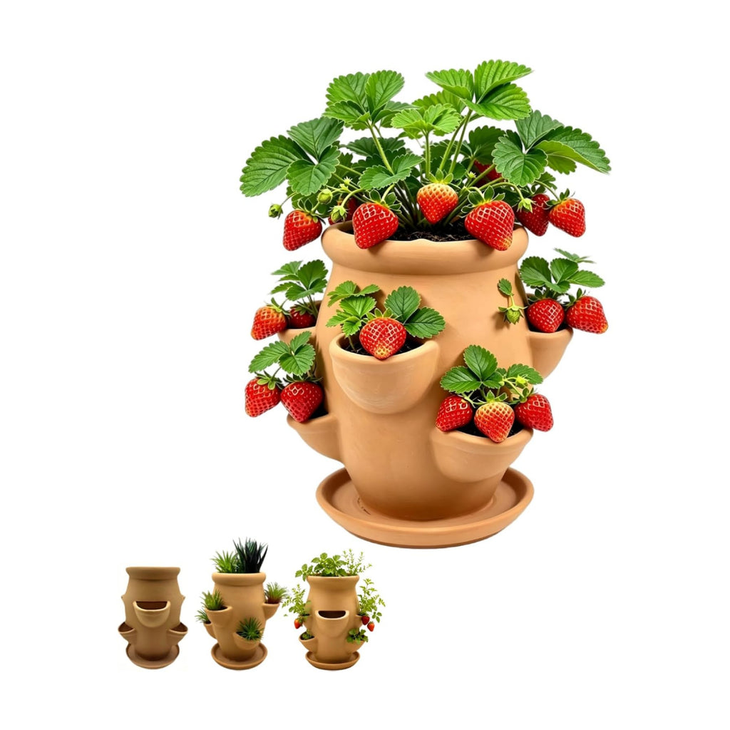 Strawberry Planter Pot Tower,Multi-Pocket Vertical Terracotta Plant Pot,Embossed Stacked Growing Pot for Succulent Herb