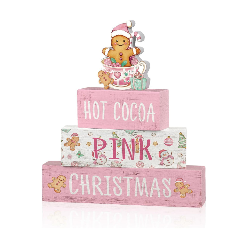 Smile 4 Wooden Christmas Signs, Hot Cocoa Pink Gingerbread Decor