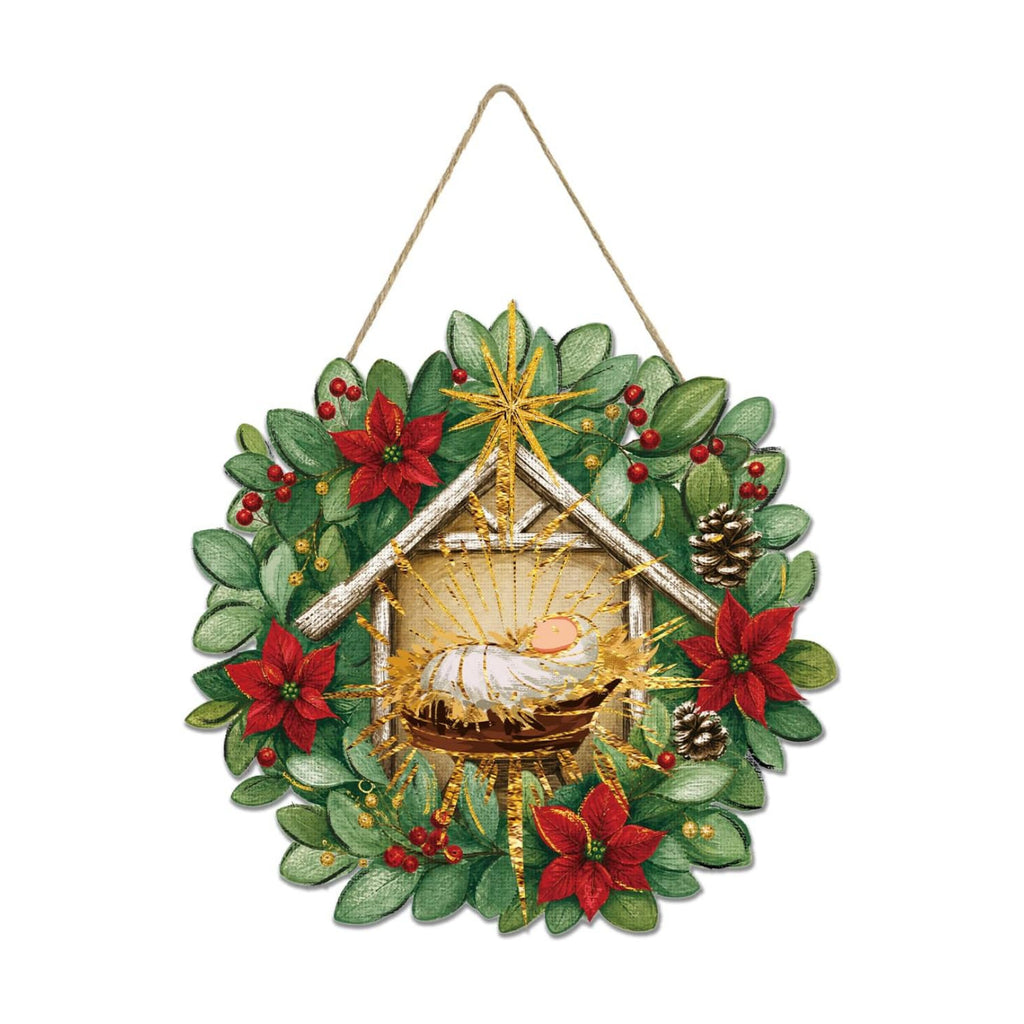 Smile Wooden Christmas Door Sign, Nativity Manger Wreath Design Religious Front Door Hanger Farmhouse Holiday Decor