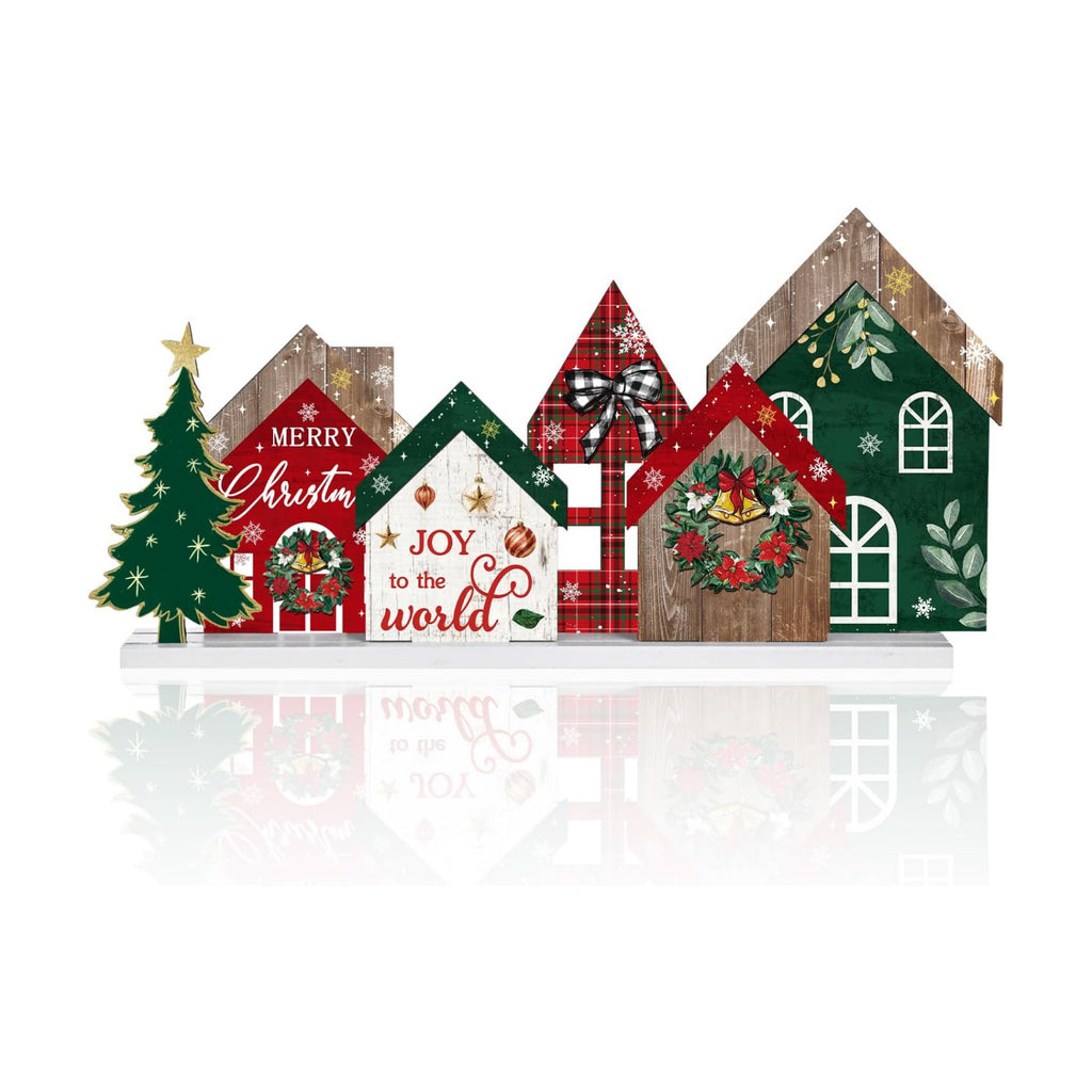 Smile Wooden Christmas House Tabletop Decor Rustic Plaid Cabin Xmas Tree Winter Farmhouse Centerpiece Sign