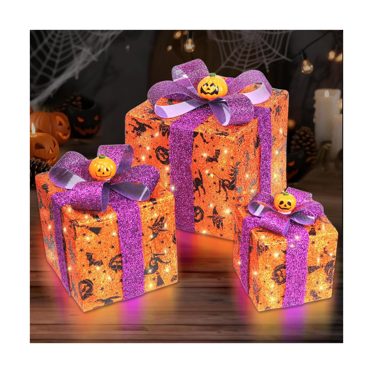 3 Pieces Lighted Boxes Halloween Decorations, Lighted Gift Boxes with Bat,Spider Web,Broom & Pumpkin Print, Foldable Light up Boxes with Pumpkin Bow for Yard, Patio, Haunted House Décor