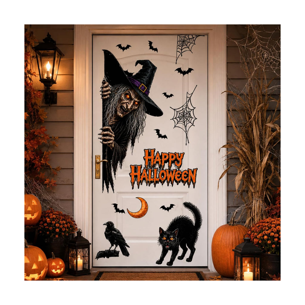 44.88 x 15.75 in Halloween Door Decals Giant Witch Cat Stickers