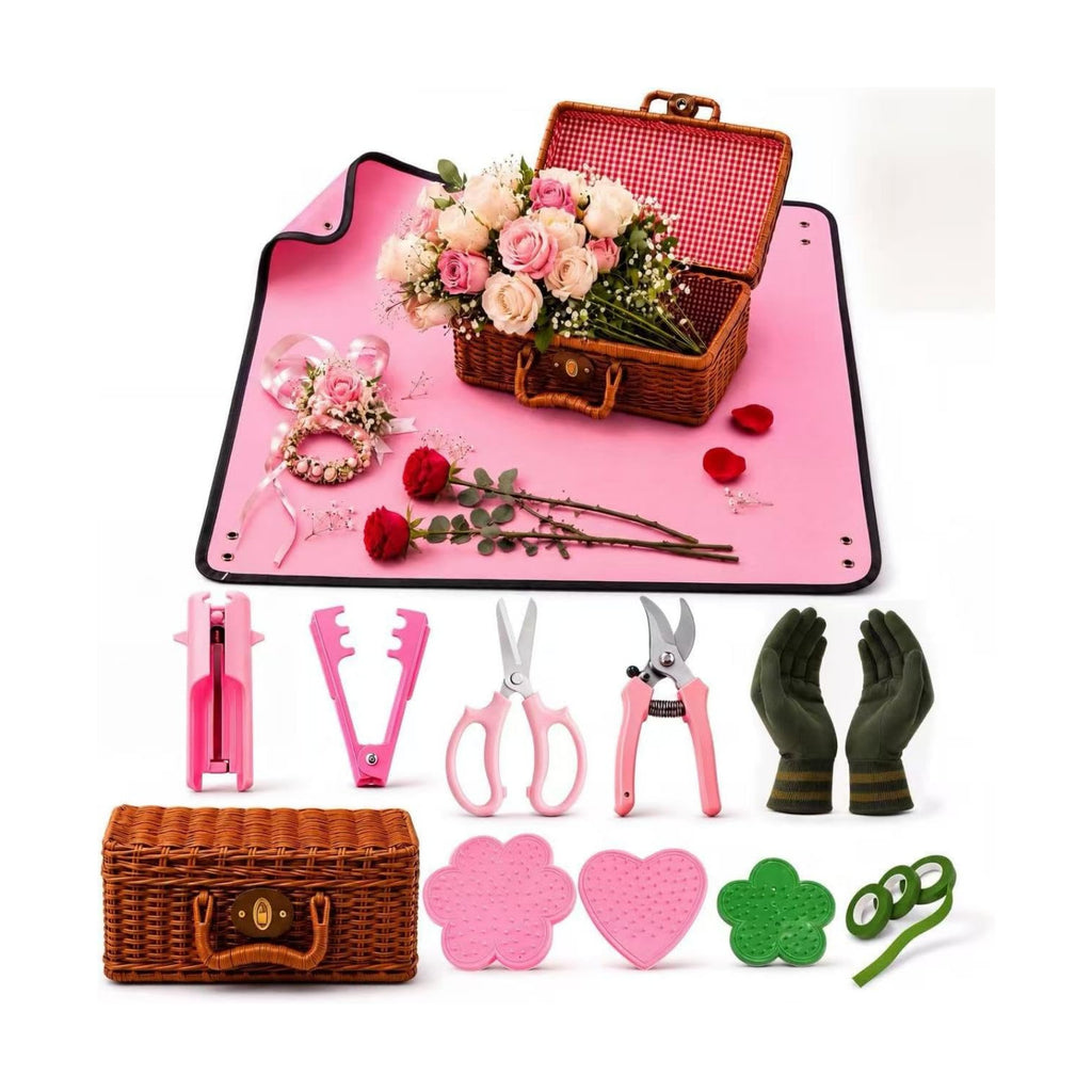 Florist Supplies Kit with Repotting Mat&Wicker Basket, Floral Tools | 13-Piece Floral Arrangement Kit with Repotting