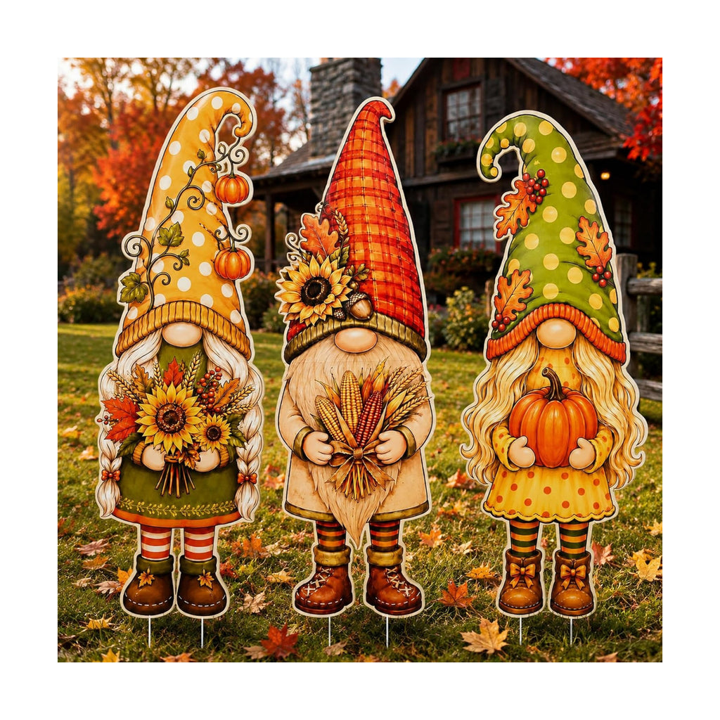 3Pcs Fall Yard Signs Stakes Decor Gnome Autumn Thanksgiving Decorations