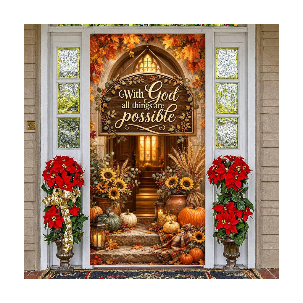 Fall Door Cover Decorations, 70.8 x 35.4 In With God All Things Are Possible Christian Harvest Front Door Banner with Ribbon, Thanksgiving Porch Sign for Party Decor