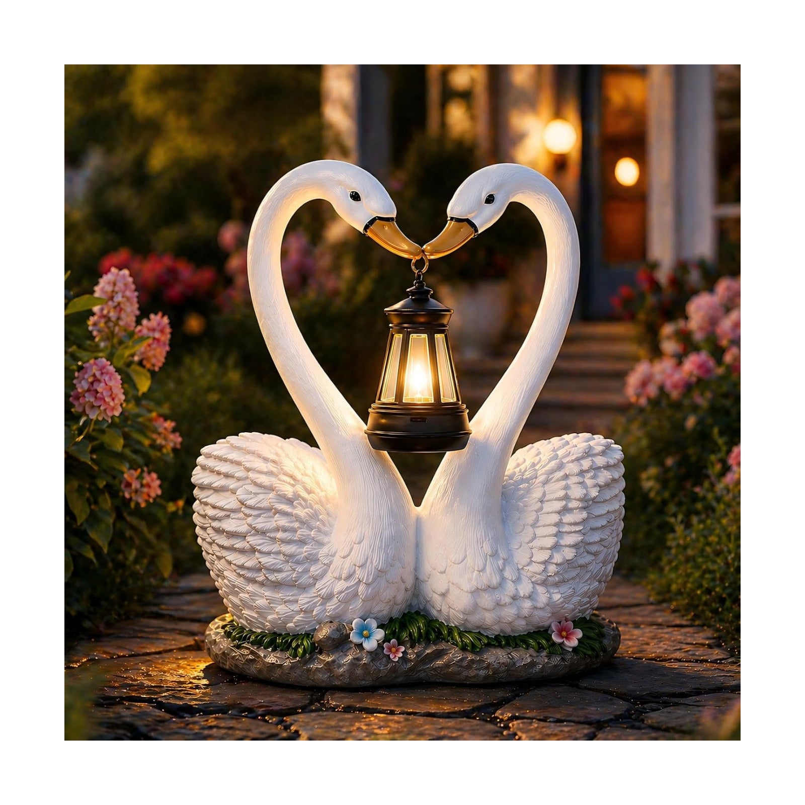 Solar Swan Garden Statue with Hanging Lantern Light, Romantic Swan Couple Outdoor Solar Lights Resin Waterproof Yard