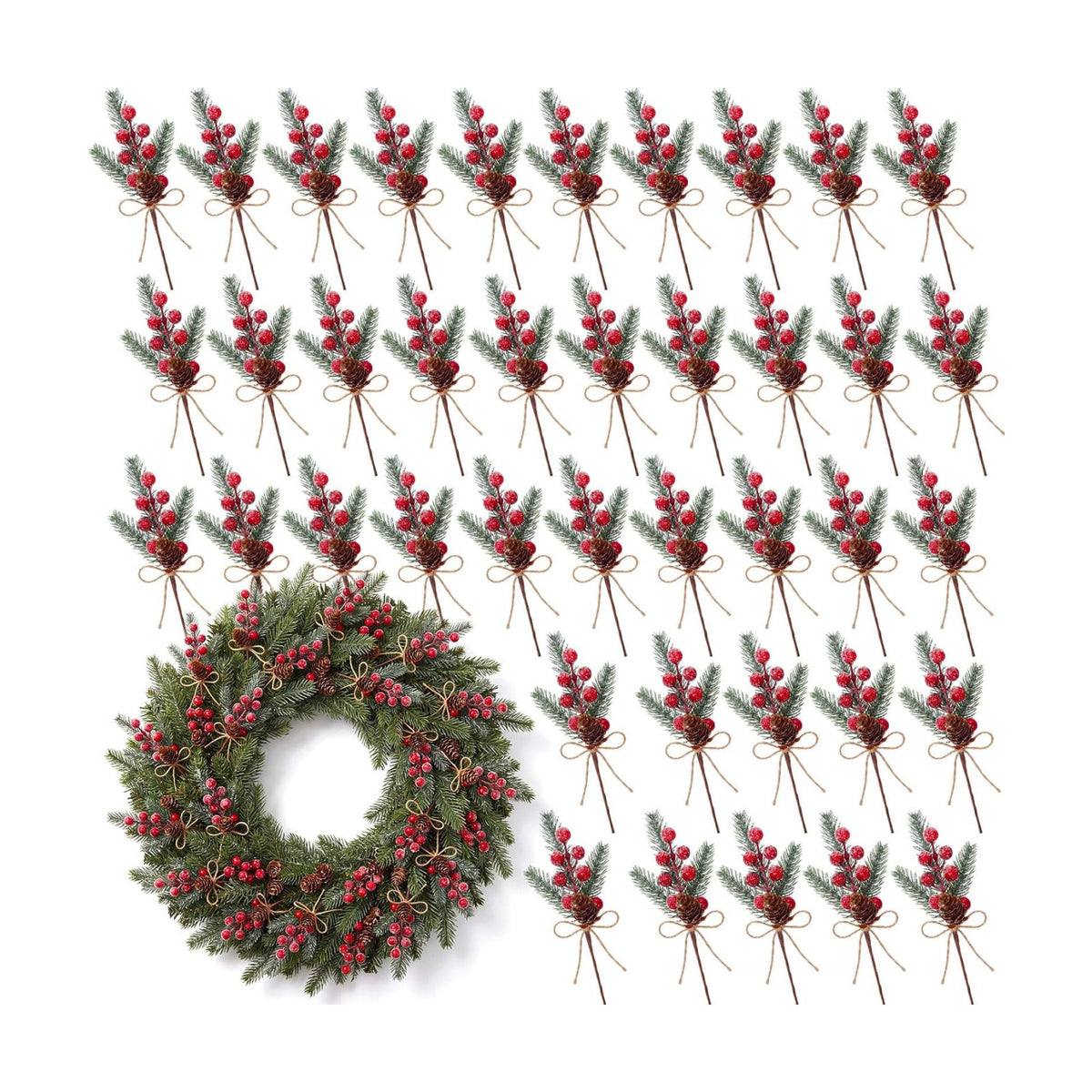 Sanwuta 40 Pcs Christmas Berry Pick with Pinecone, Frosted Red