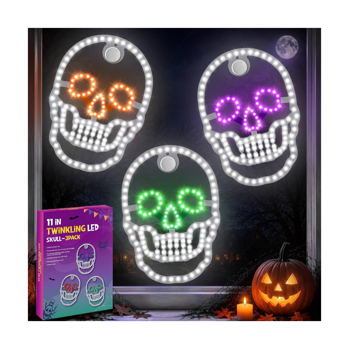 3-Pack 11" Halloween Classics Twinkling LED Skull Window Lights