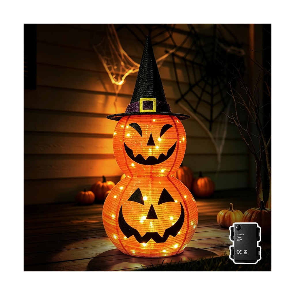 Halloween Decorations Lighted Jack‑O'‑Lantern Pumpkin with Witch Hat, Collapsible LED Light Up Pumpkin with Timer Battery Operated, Halloween Yard Porch Indoor Outdoor Garden Pathway Holiday Decor