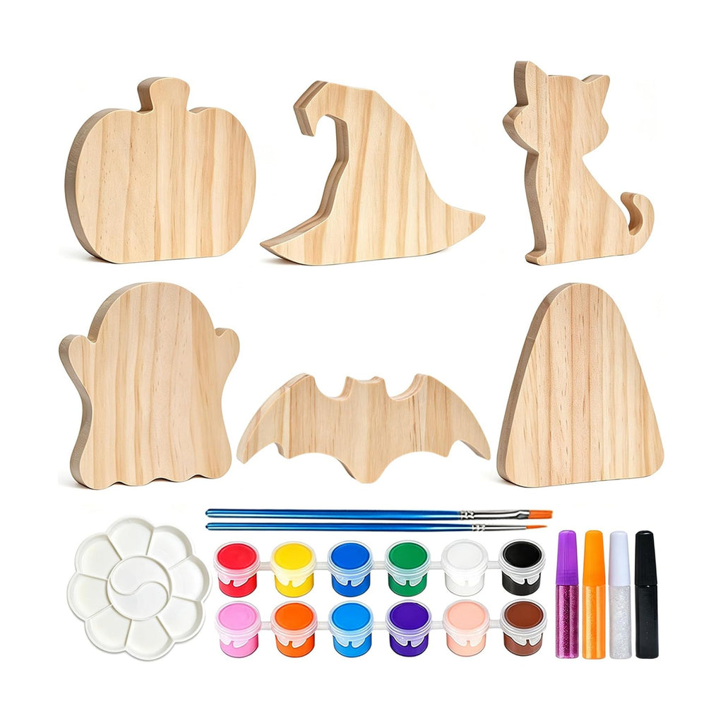 Halloween Wood Craft Kit, 6 DIY Paintable Wooden Ornaments for Tabletop