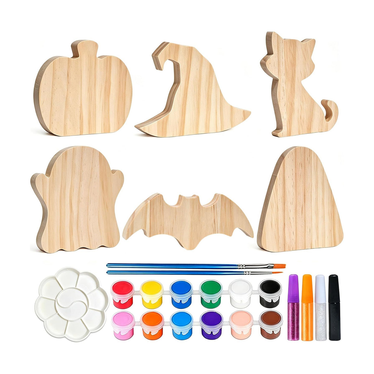 Halloween Wood Craft Kit, 6 DIY Paintable Wooden Ornaments for Tabletop