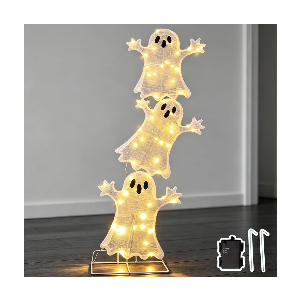 Halloween Decorations Lighted 3 Stacked Ghosts, Freestanding LED Ghost Yard Sign with Timer Battery Operated, Warm White Light Up Ghost Decor for Porch Lawn Garden Indoor Outdoor Holiday Display