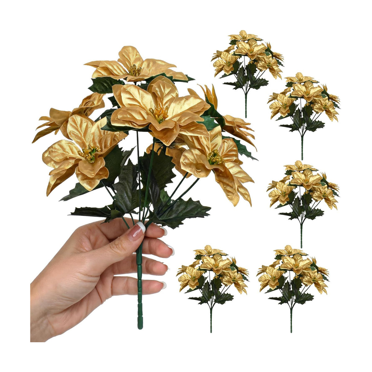 6 Pack Gold Artificial Poinsettia Bushes – 11.8" Faux Christmas Flowers with 7 Heads Each, Luxury Gold Xmas Tree Picks, Holiday Wreath & Table Centerpiece Décor, Indoor Outdoor Festive Decorations