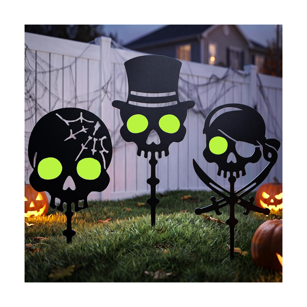 KODIBO Halloween Decorations Outdoor 3-Pack Metal Skull Garden Stakes