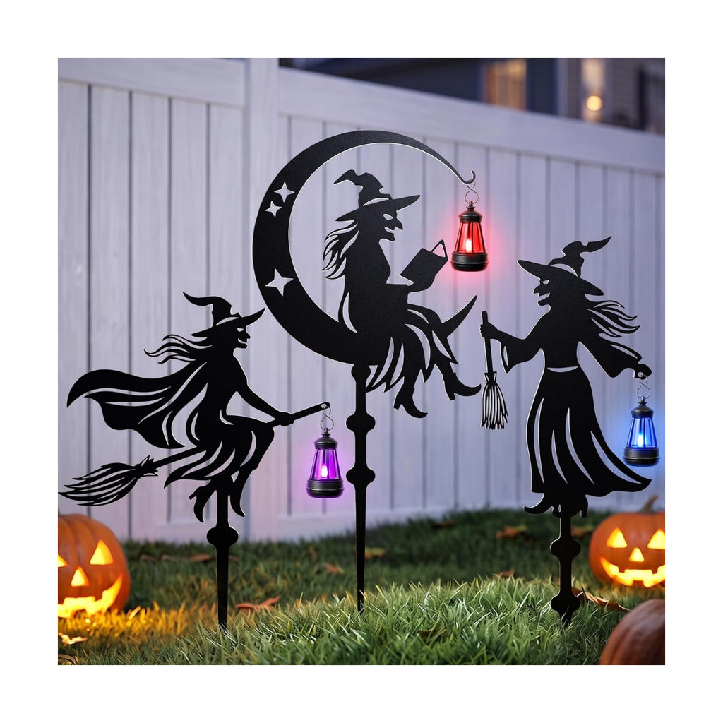 KODIBO Halloween Decor 3-Pack Metal Witch Yard Stakes with Solar Lanterns
