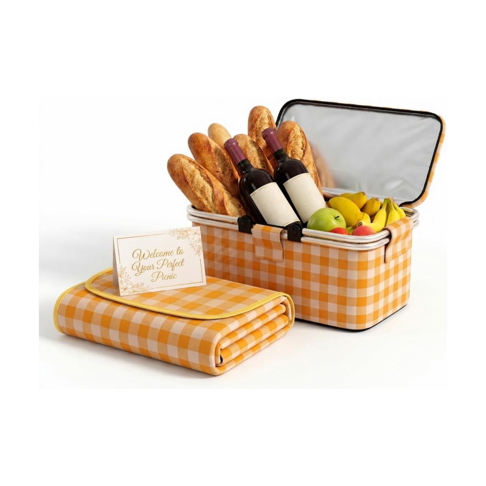 22L Collapsible Picnic Basket with Waterproof Blanket - Insulated Cooler Bag & Yellow Plaid Hamper Set - Includes
