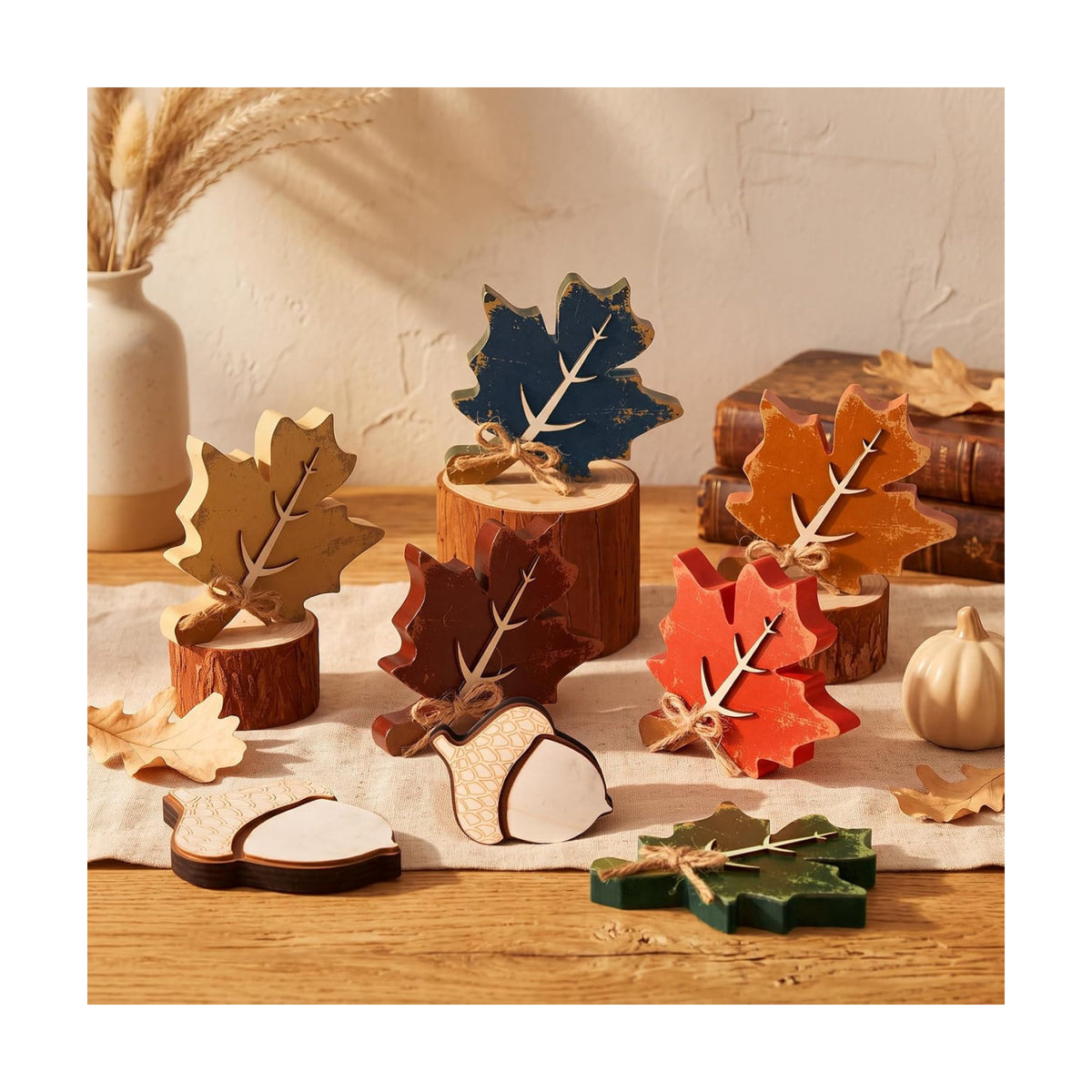 Novabright 8 Pcs Wood Fall Leaves Acorn Decorations Rustic Wood Fall Decor