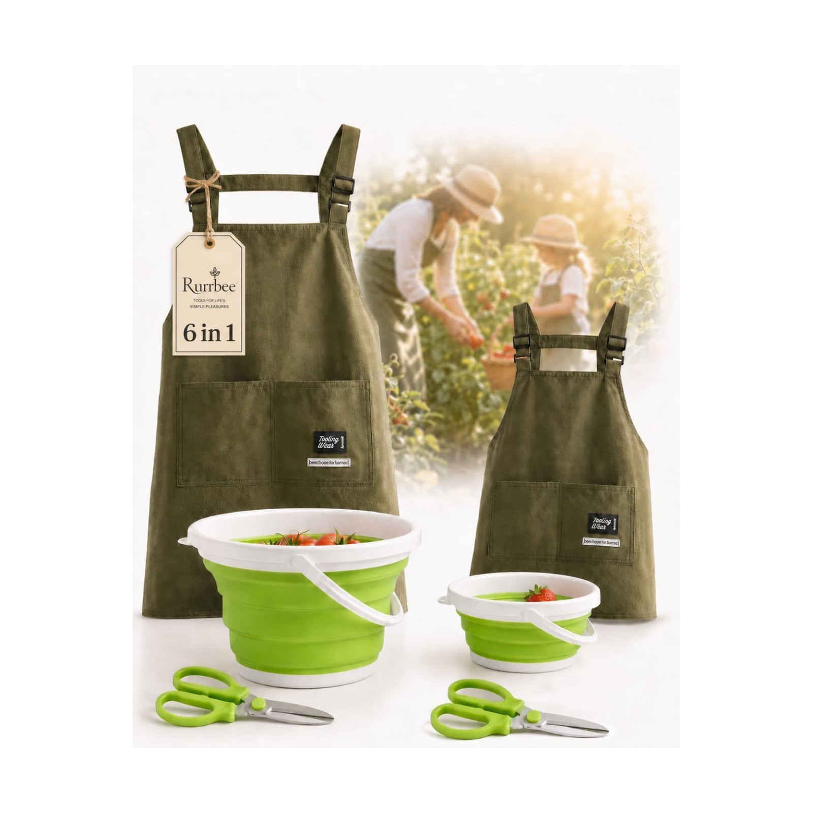 Garden Baskets for Gathering Vegetables Family Harvest Set | Adult and child aprons, collapsible picking baskets, and