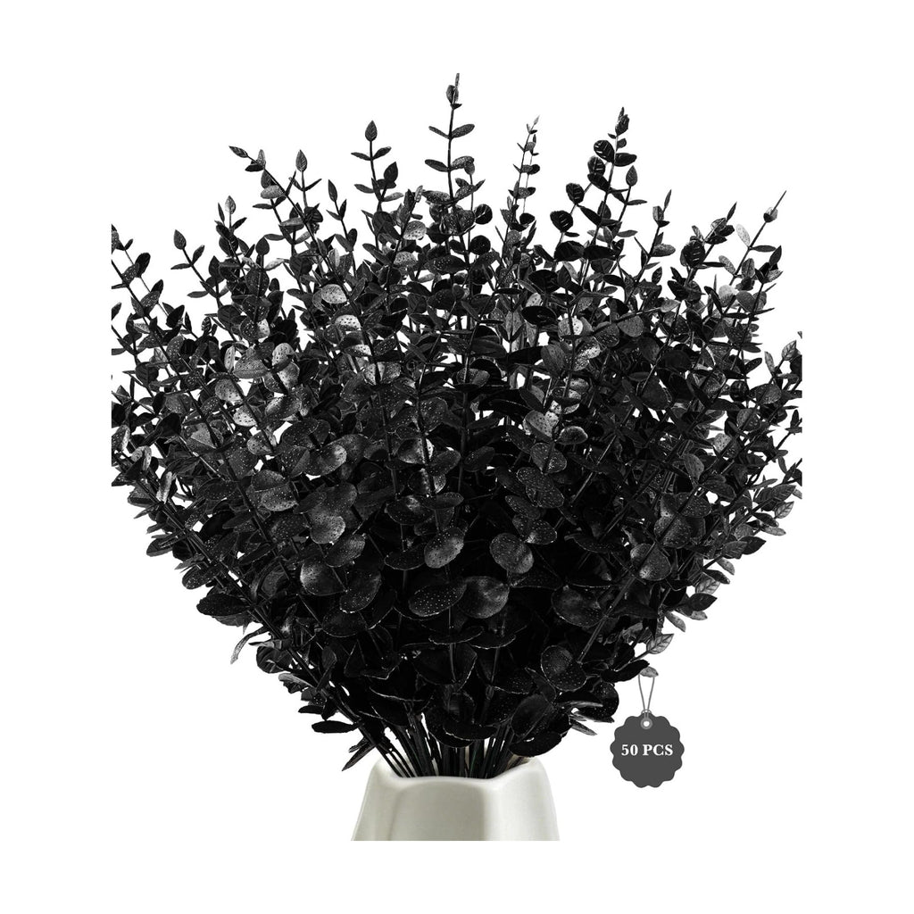 50 Pcs Black Artificial Eucalyptus Stems,Faux Eucalyptus Leaves Branches