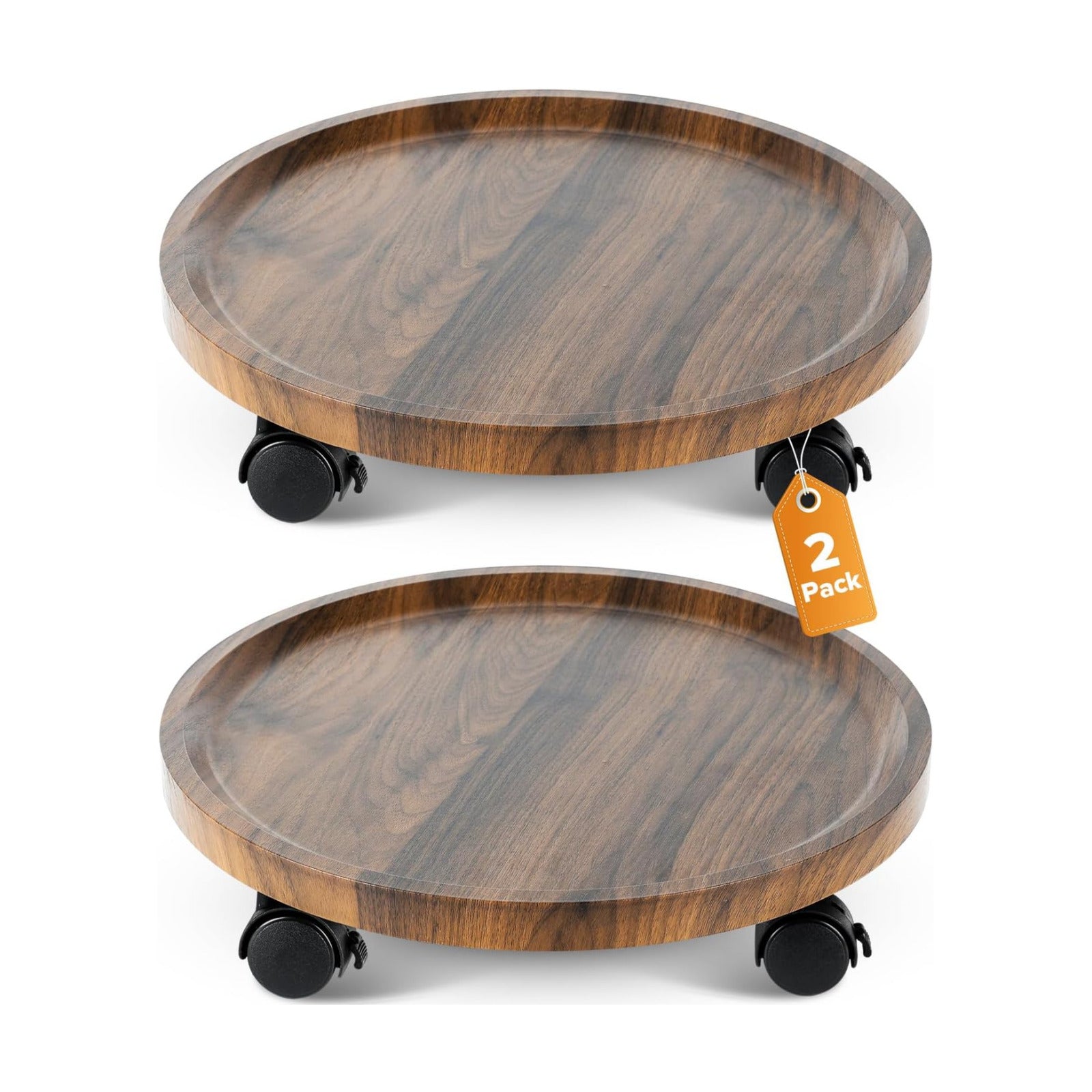 2 Pack Plant Caddy with Wheels, 14" Wood Rolling Plant Stand with 360° Lockable Wheels, Plant Stands Outdoor for Large