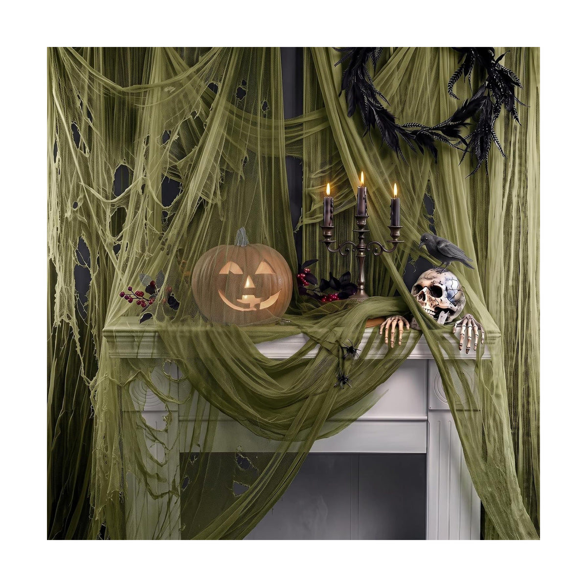 Halloween Creepy Cloth Giant (80 x 400 in.) Scary Gauze Cloth Spooky Halloween Decorations Party Supplies Decor Outdoor Yard Home Wall Haunted House Doorways Patio Garden Green