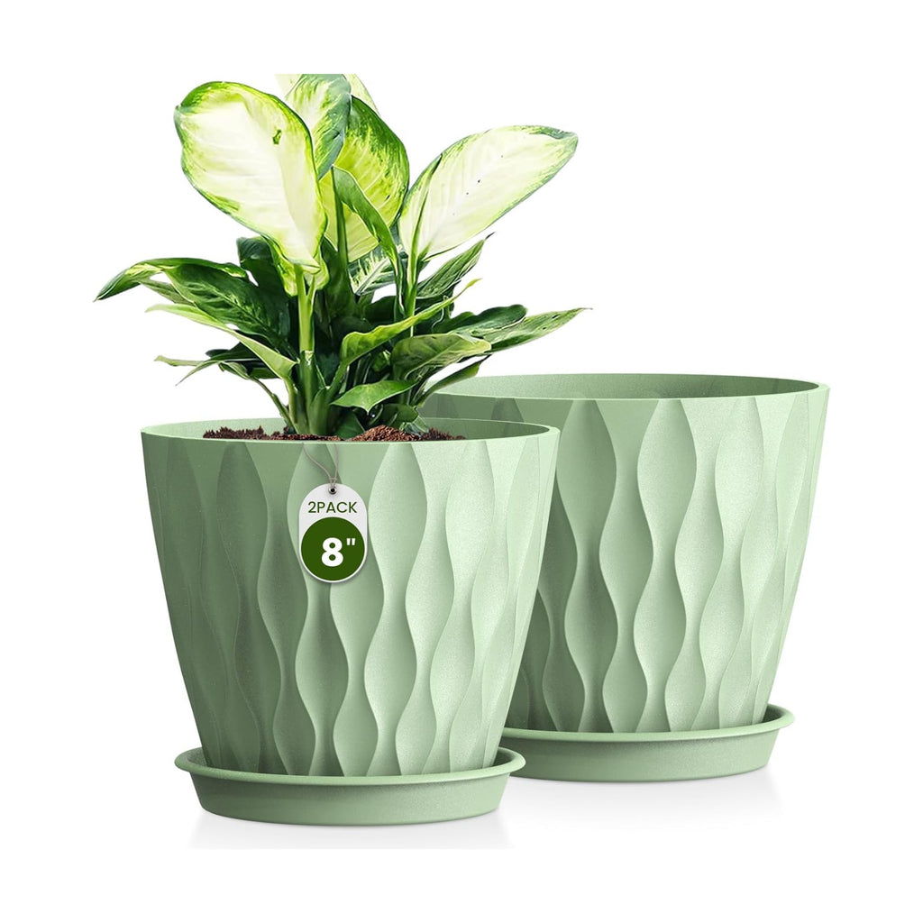 8 Inch Plant Pots 2 Pack, Plastic Pots Drainage Holes & Saucers