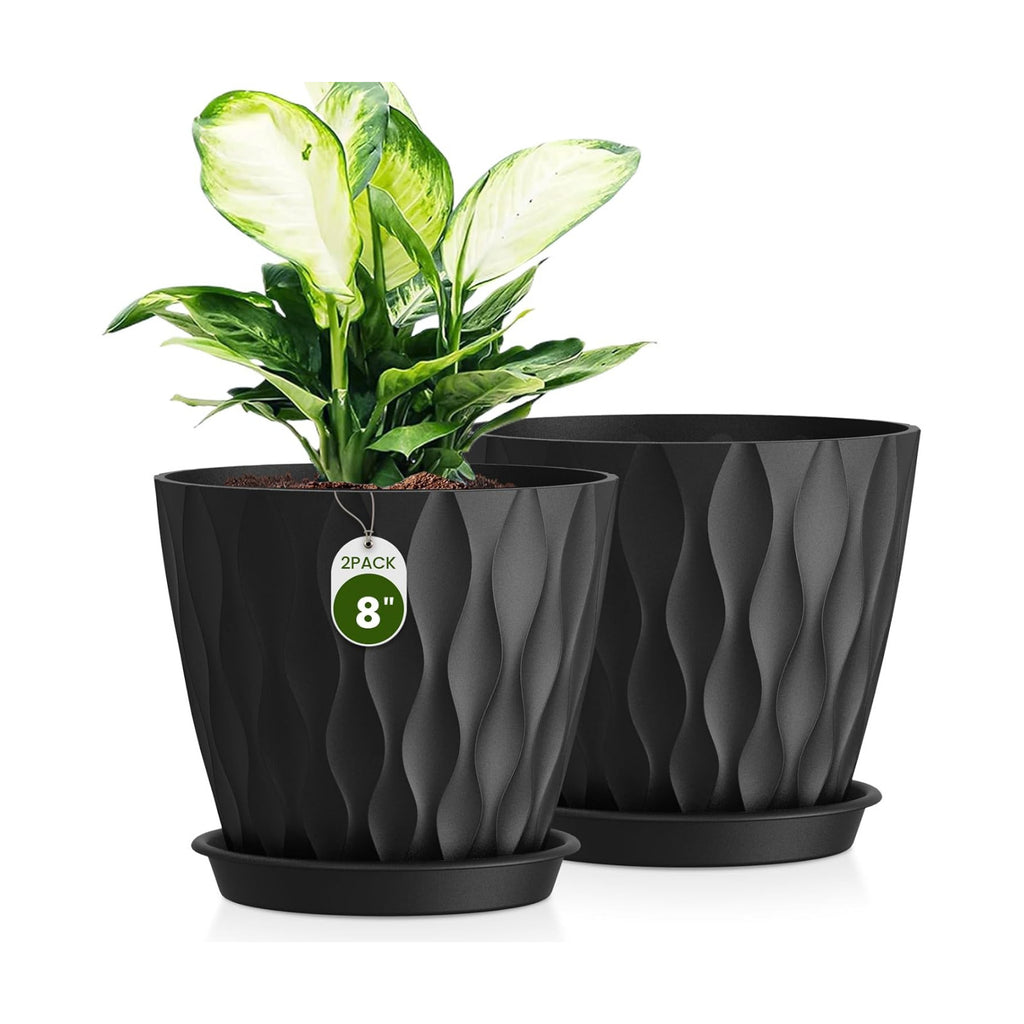 8 Inch Plant Pots 2 Pack, Plastic Pots Drainage Holes & Saucers