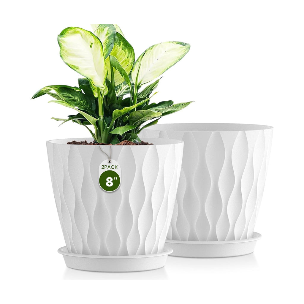 8 Inch Plant Pots 2 Pack, Plastic Pots Drainage Holes & Saucers