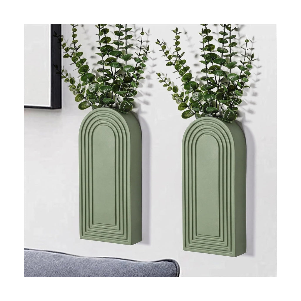 Dnnnii 2 Pack Wooden Wall Vase Set - Green Finish Modern Farmhouse & Boho Wall Decor for Entryway, Hallway, Bathroom, Living Room, Dining Room, Narrow Spaces