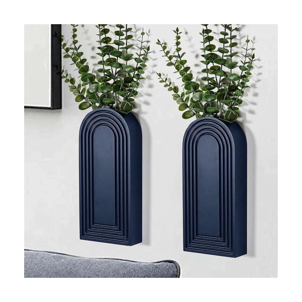 Dnnnii 2 Pack Wooden Wall Vase Set - Blue Finish Modern Farmhouse & Boho Wall Decor for Entryway, Hallway, Bathroom, Living Room, Dining Room, Narrow Spaces