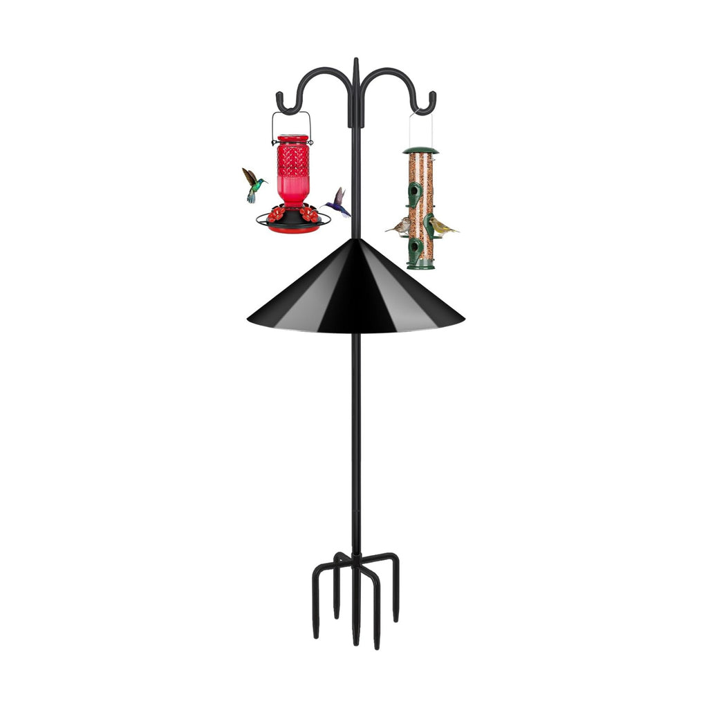 FEED GARDEN Heavy Duty Shepherds Hook Squirrel-Proof Bird Feeder Pole 108" Double Hooks 5-Prong Base & 19" Baffle for Outdoor Feeders & Plants