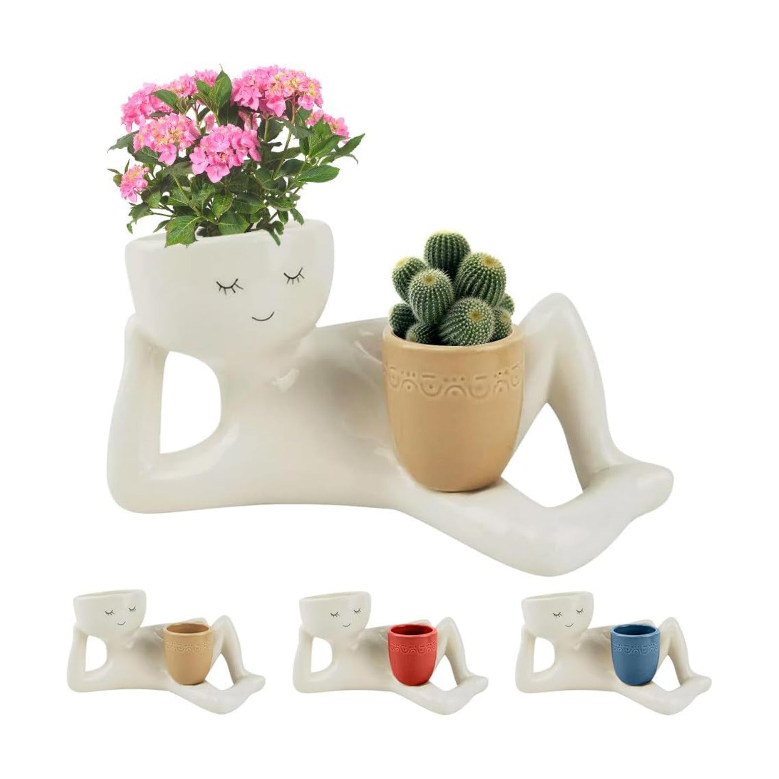 2026 New Lazy Guy Sleepy Face Planter, Funny Flower Plant Potswith Double Flower Pot for Indoor Plants, Side Lying