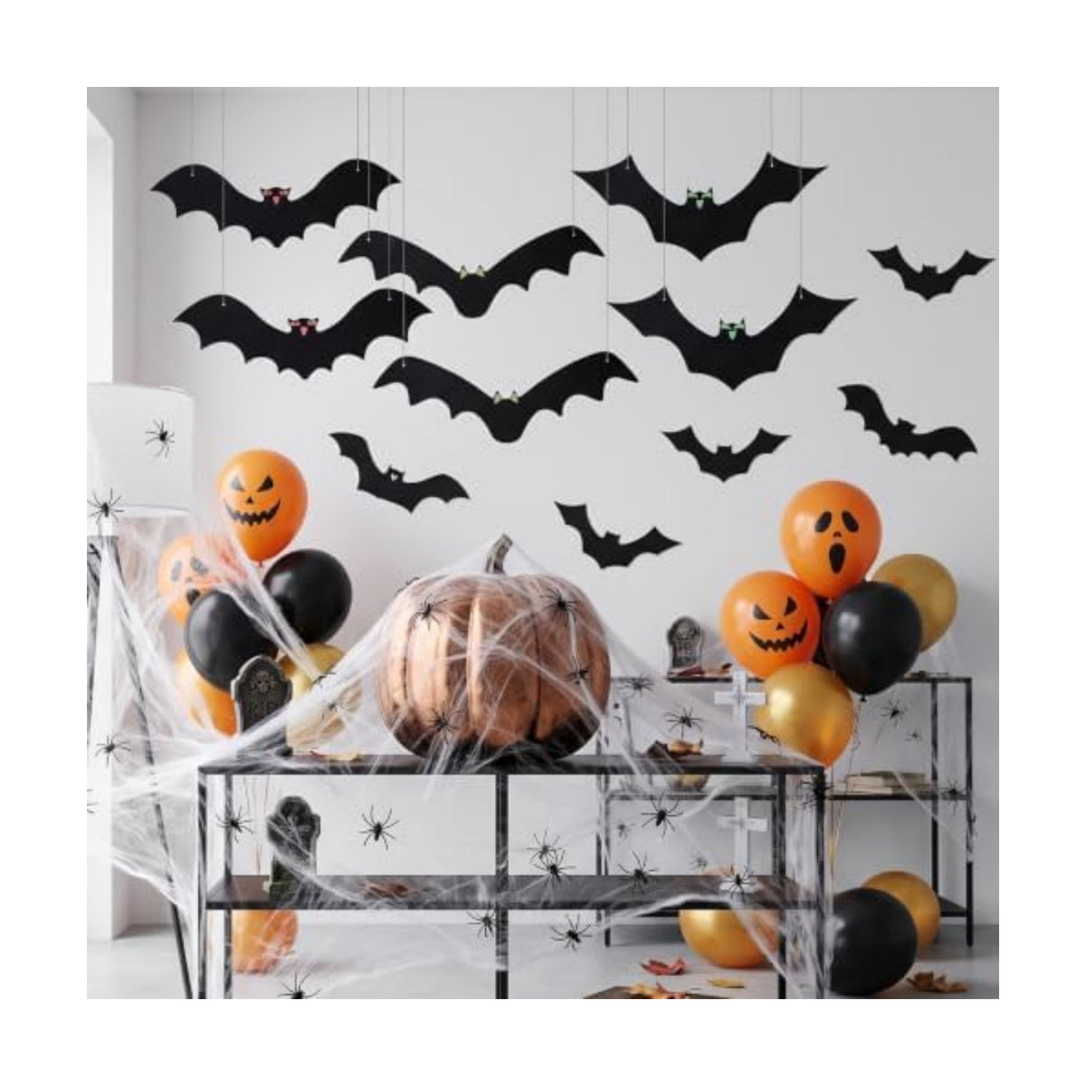 12pcs Halloween Hanging Bats | 1200 sqft Halloween Spider Webs and 50pcs Fake Spiders | Super Stretch Cobwebs Party Decorate for Halloweens Theme Indoor and Outdoor Decoration