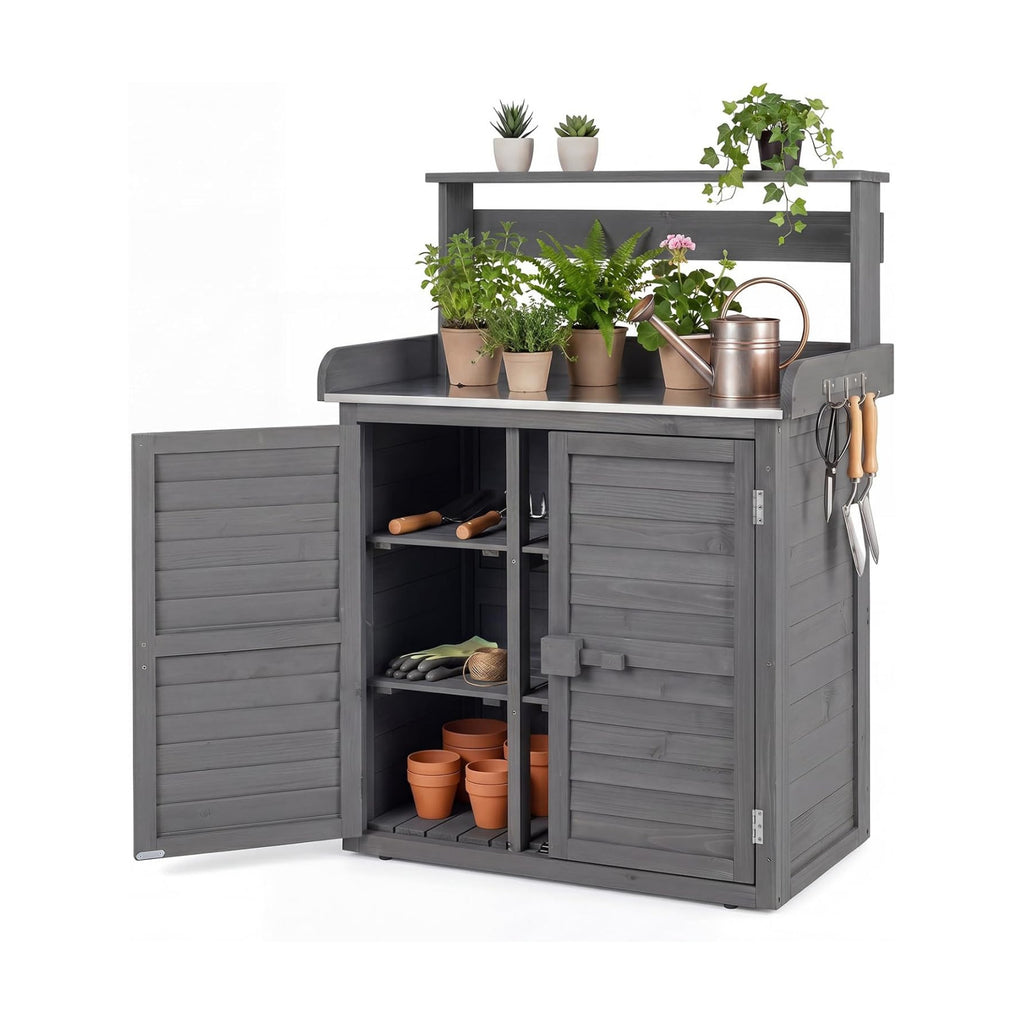 Goplus Garden Potting Bench Table with Stainless Steel Tabletop | Solid Fir Wood Indoor Outdoor Plant Workstation with