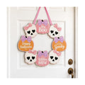 Pink Halloween Decor, Wooden Skull Pumpkin Bow Wreath Door Hanging Sign