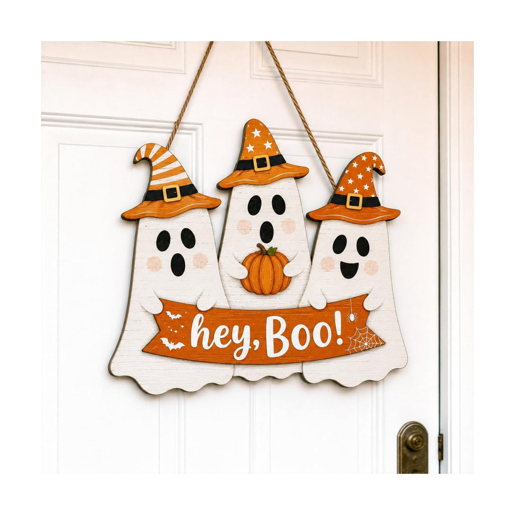 Halloween Ghost Door Sign, Wooden Hey Boo Hanging Wreath Pumpkin Door Decor