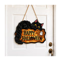 Halloween Door Sign, Wooden Black Cat Happy Halloween Hanging Wreath Plaque