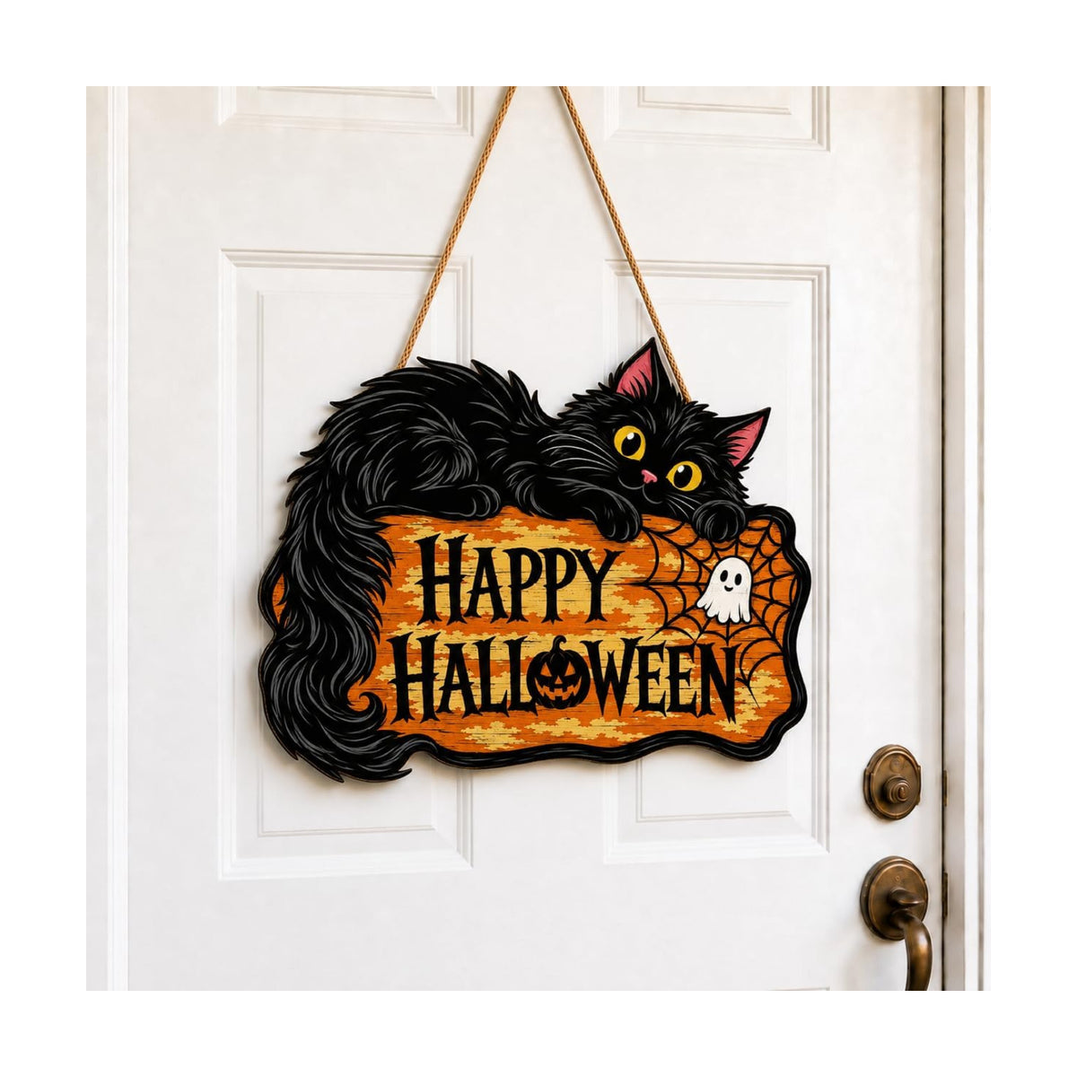 Halloween Door Sign, Wooden Black Cat Happy Halloween Hanging Wreath Plaque