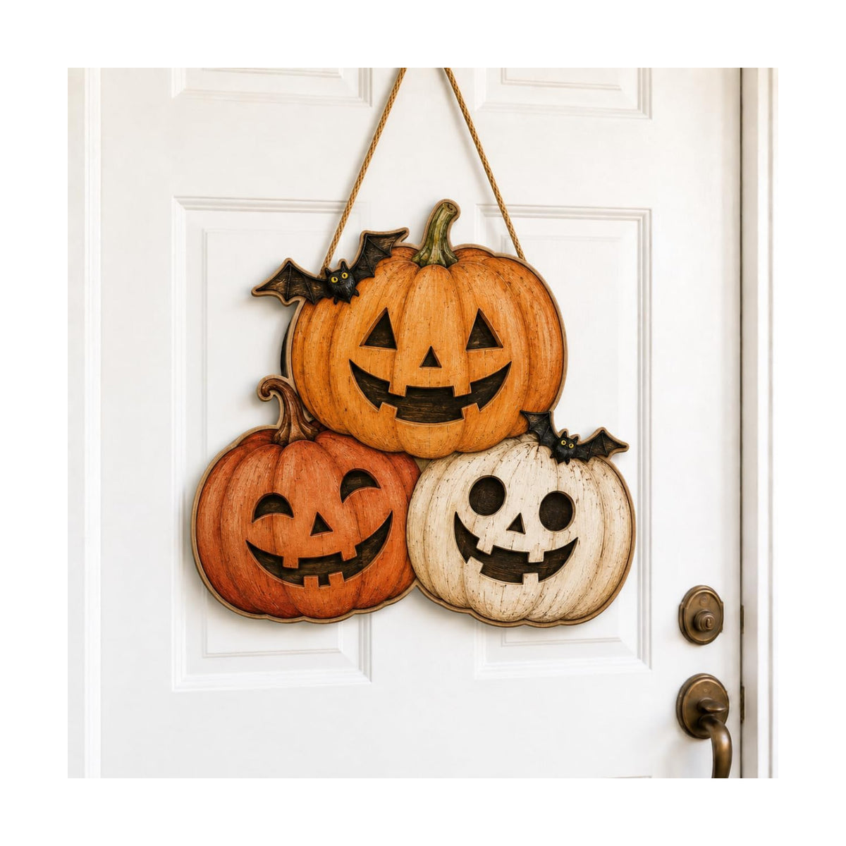 Halloween Wreaths for Front Door, Wooden Triple Pumpkin Bat Hanging Sign