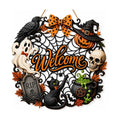 Halloween Wreath for Front Door, Wooden Welcome Sign, Black Cat and Ghost